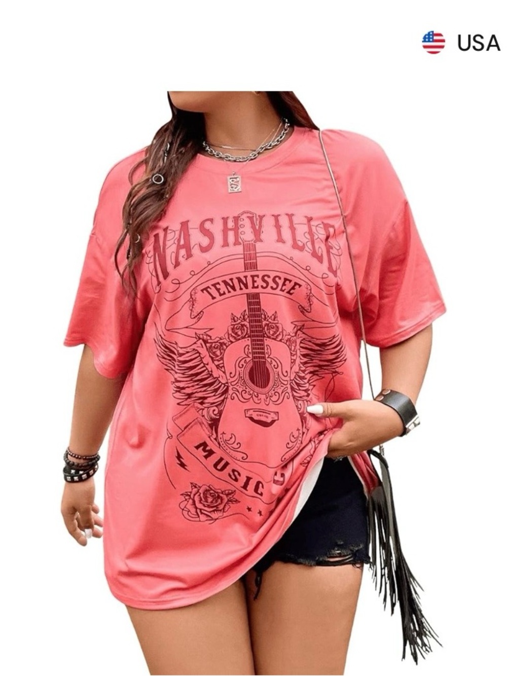 SHEIN Coral Pink Nashville Graphic Short Sleeve Tee Shirt